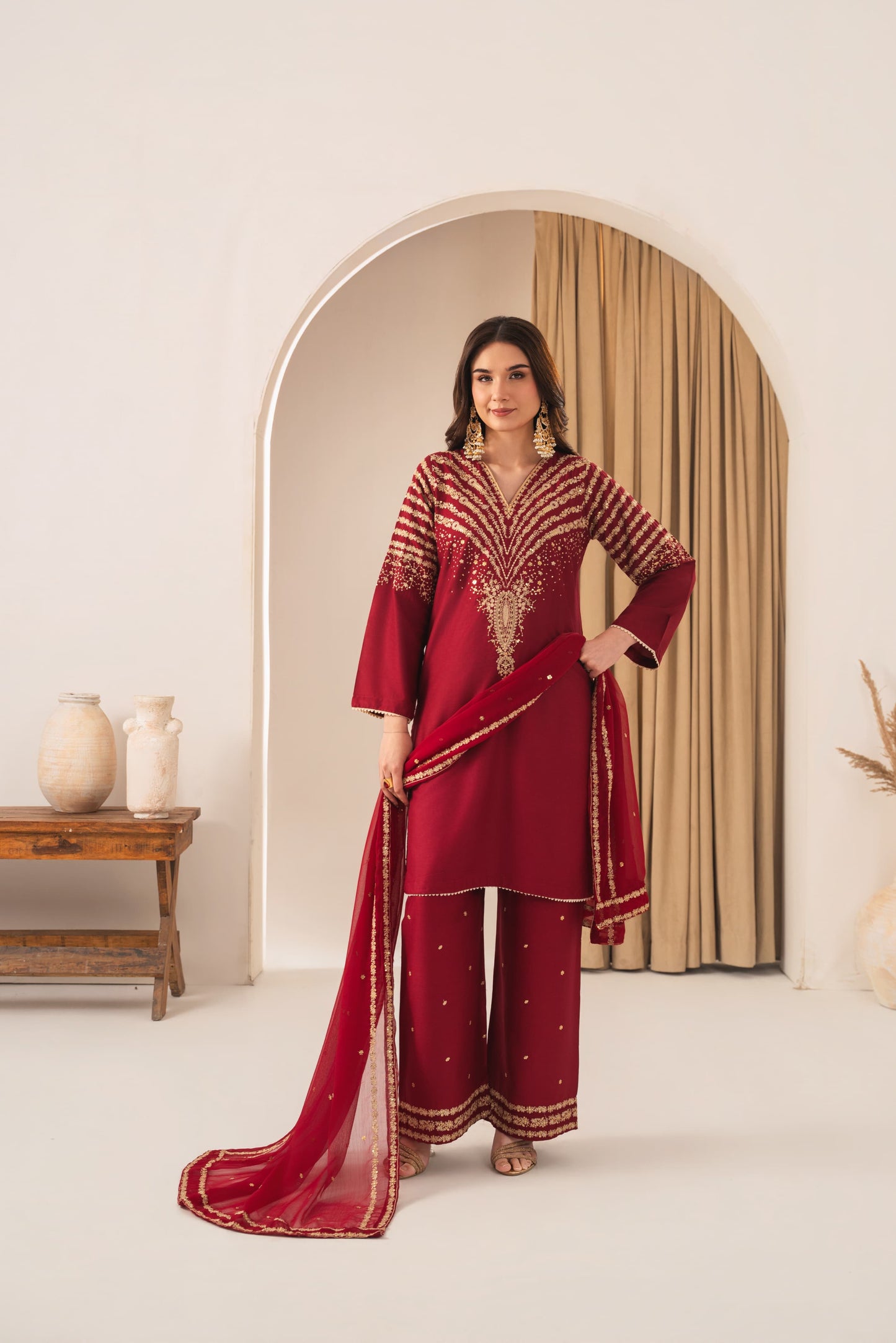 PEACOCK MAROON EMBROIDERED 3PC